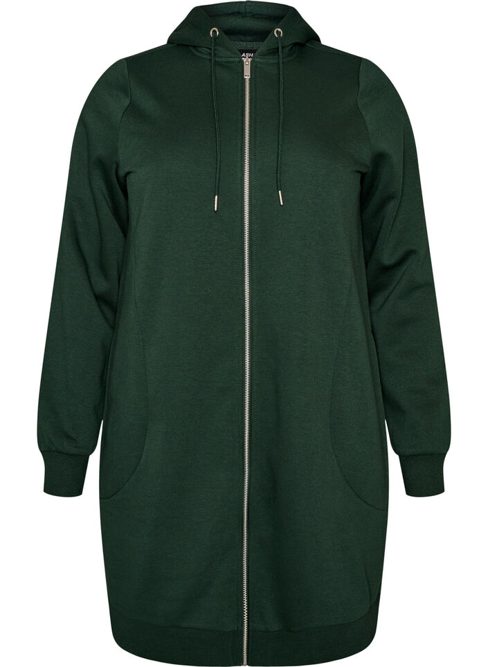 Dluga bluza z kapturem, zamkiem blyskawicznym i kieszeniami, Zielony, Packshot image number 0