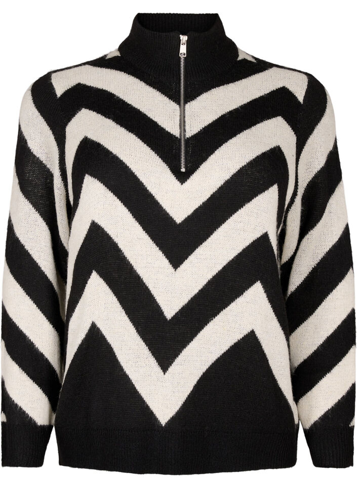 Dzianinowy sweter z golfem i suwakiem, Black Birch Stripe, Packshot image number 0