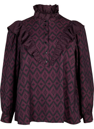 Bluzka koszulowa z wiskozy z falbankami, Winetasting w. Black, Packshot image number 0
