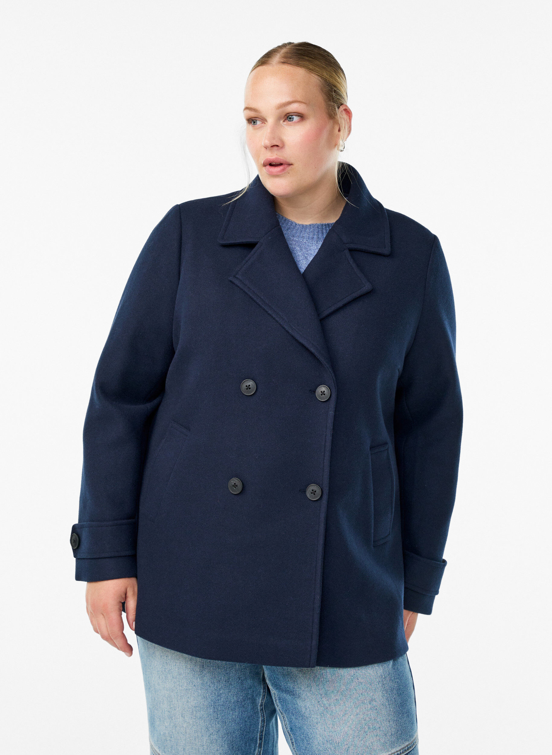 ZizziKr&oacute;tki plaszcz z dwurzedowym zapieciem na guziki, Niebieskie, Model image number 0