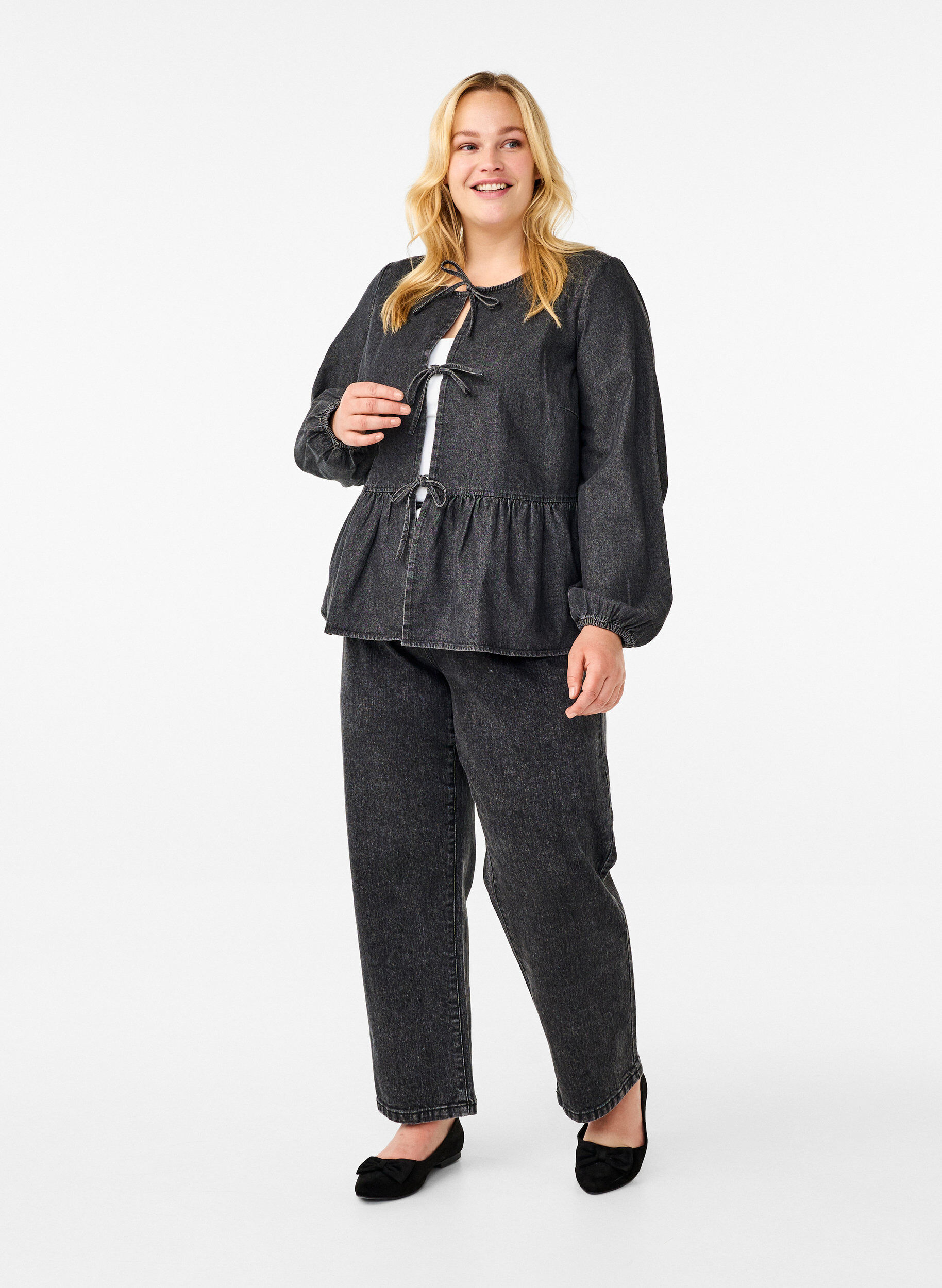 Zizzi Dzinsowa bluzka z pepitka i wiazaniem, Ciemnoszary, Model image number 1