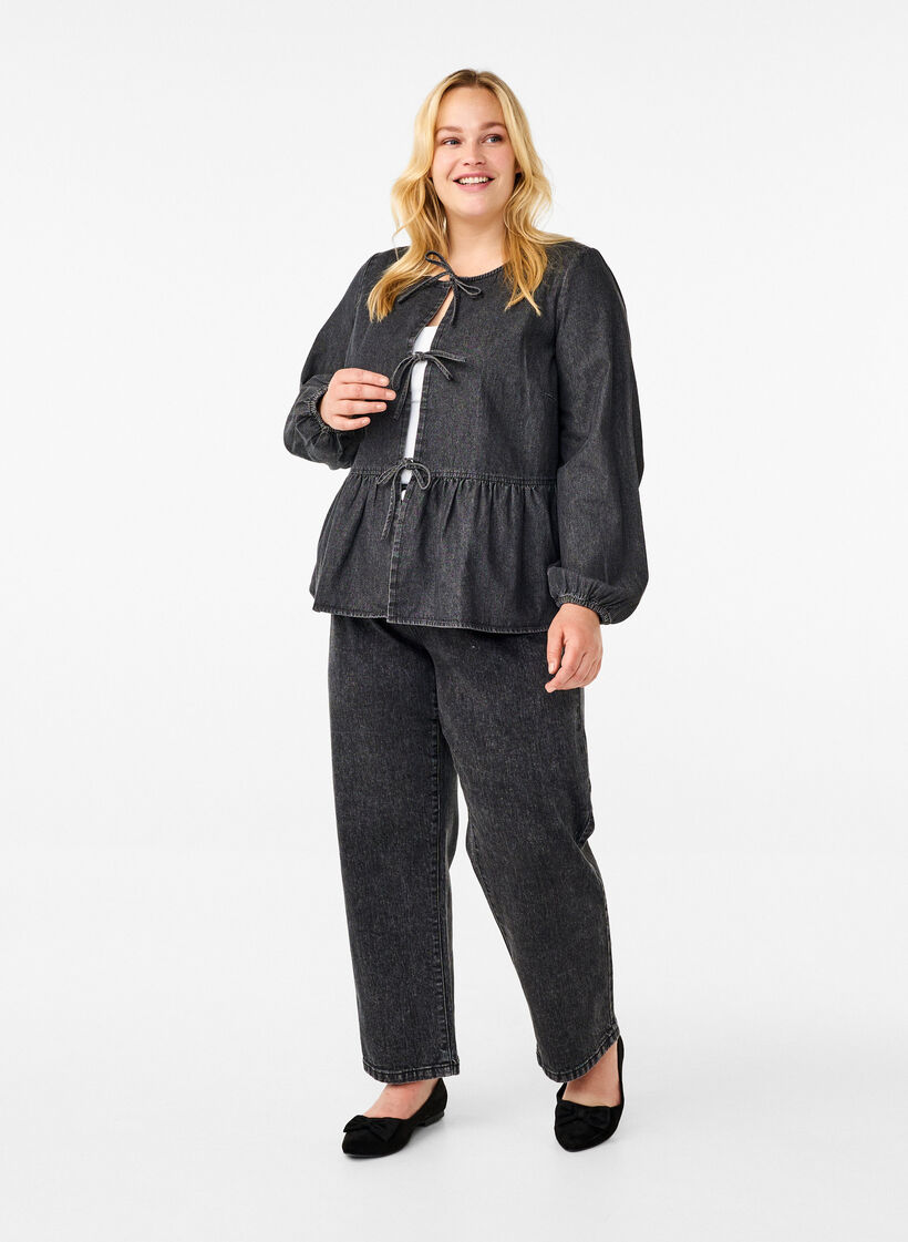 Dzinsowa bluzka z pepitka i wiazaniem, Ciemnoszary, Model image number 1