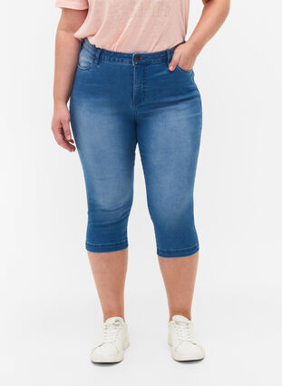 Amy capri jeans z wysokim stanem i bardzo dopasowanym krojem, Light blue denim, Model image number 2