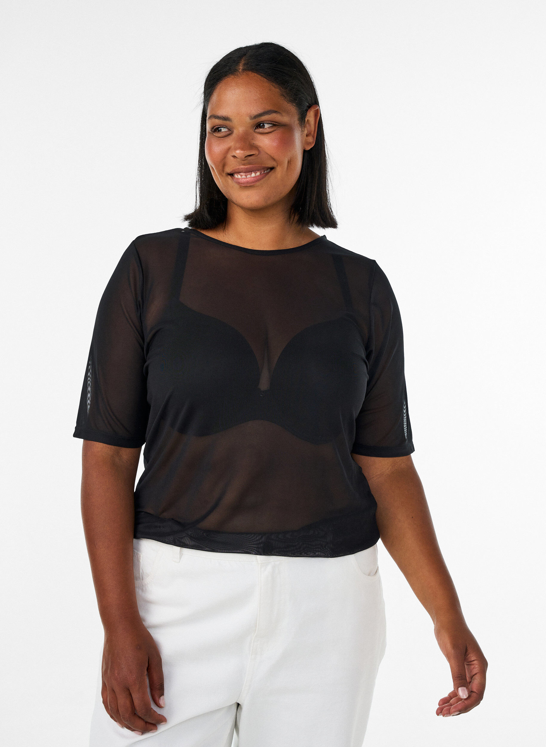 Siateczkowy top z kr&oacute;tkim rekawem i okraglym dekoltem, Czarne, Model