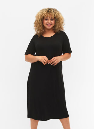 Wiskozowa sukienka midi z krótkimi rekawami, Black, Model image number 0