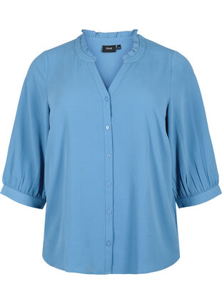 Bluzka koszulowa z rekawami 3/4 i kolnierzem z falbanami, Moonlight Blue, Packshot image number 0