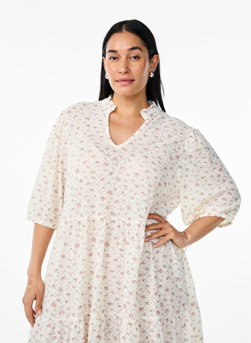 Krótka sukienka o linii A z póldlugimi rekawami, Biały, Model image number 2