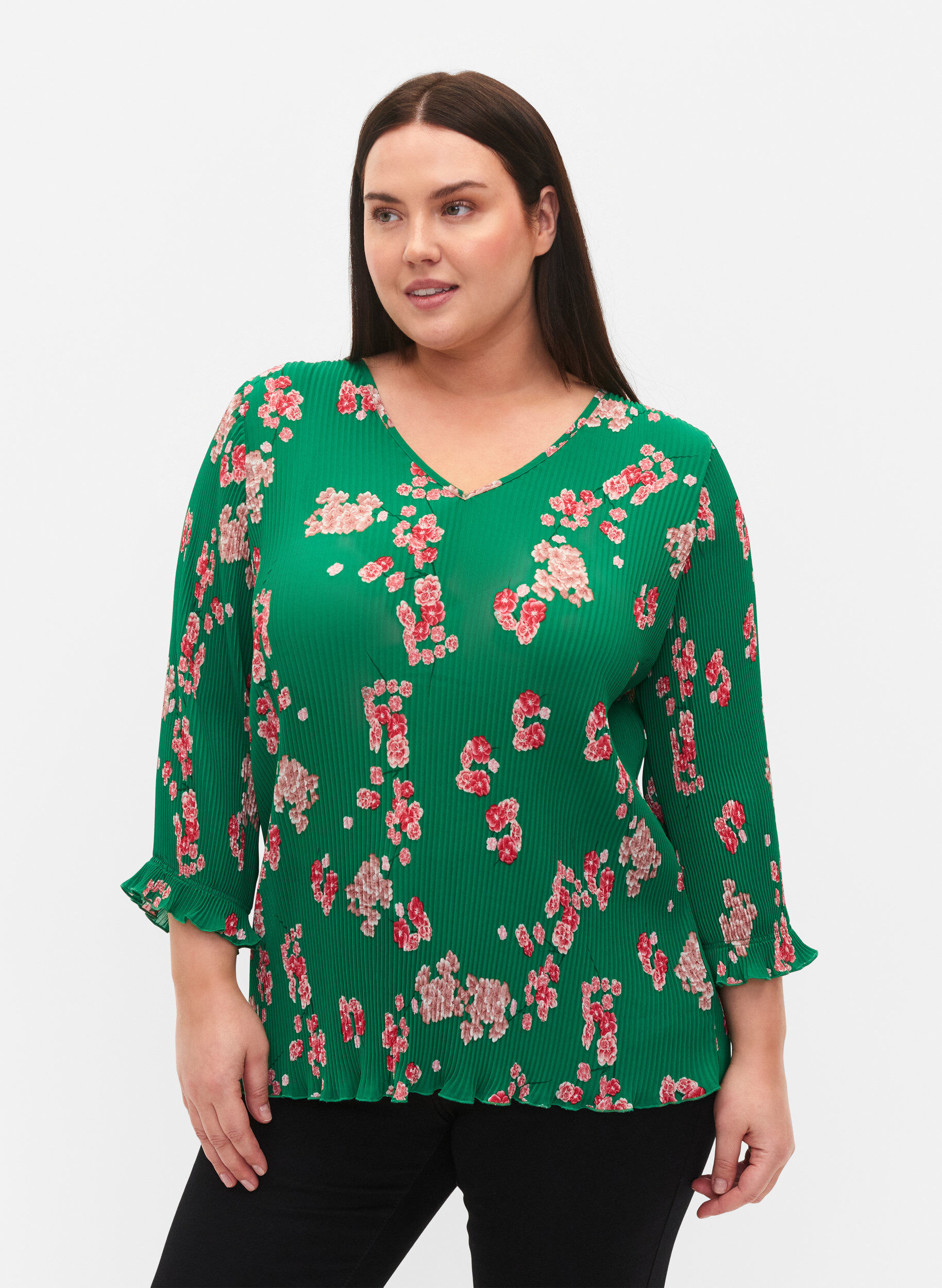 Zizzi Plisowany top z rekawami 3/4, Jolly Green Flower, Model image number 0