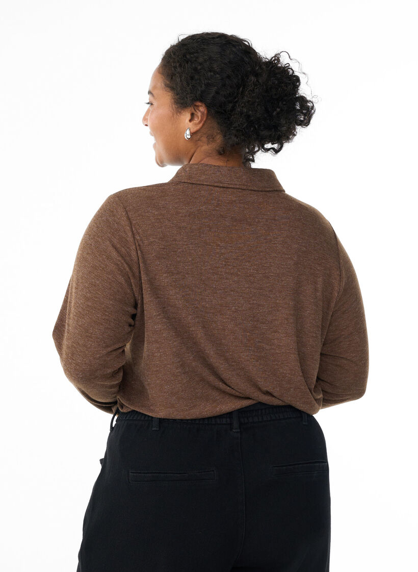 Polo z dlugim rekawem z zeberkowanej jakosci, Brązowy, Model image number 2