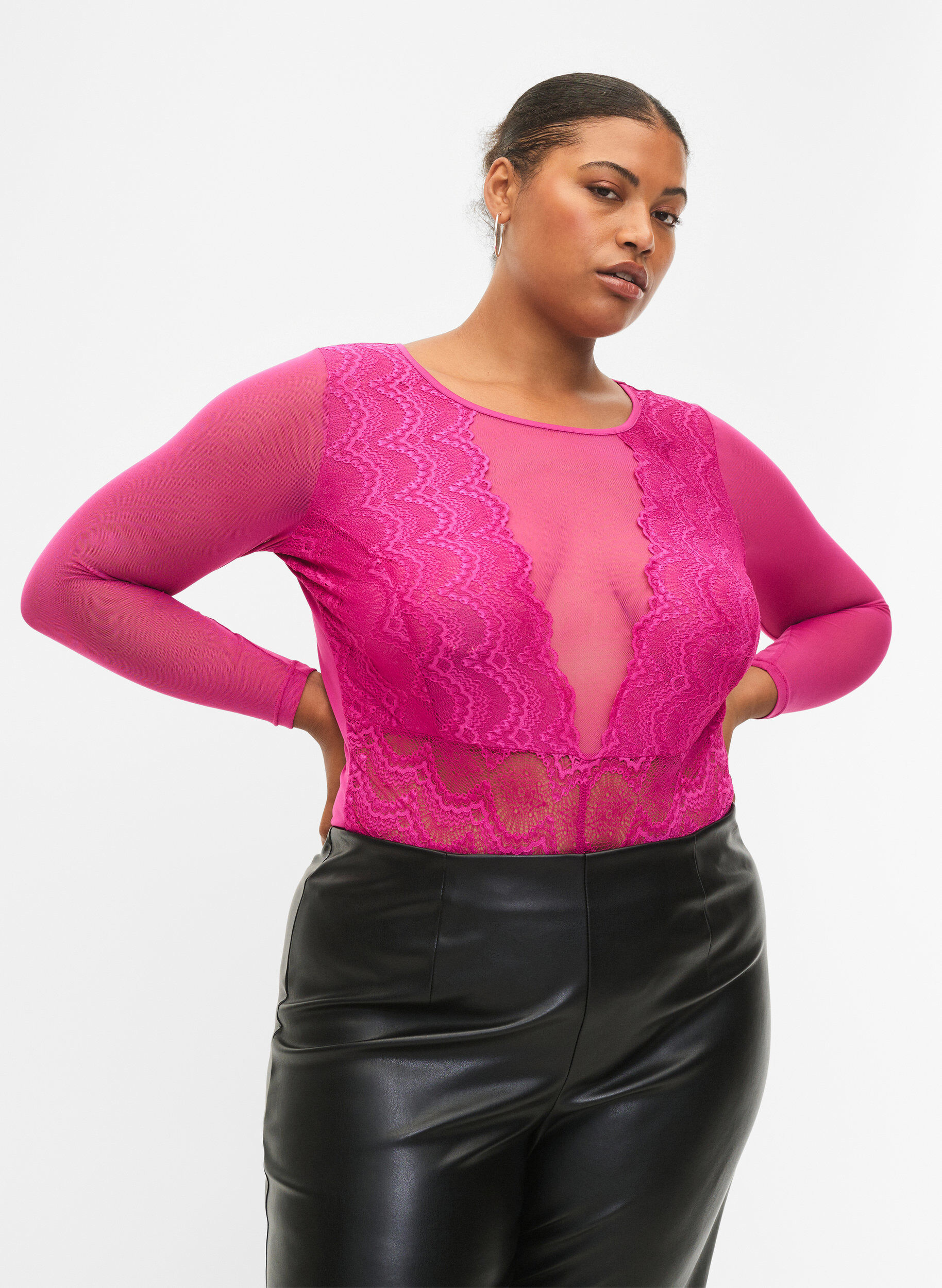 Zizzi Bodystocking z koronka i siateczka, Fuchsia Red, Model image number 0
