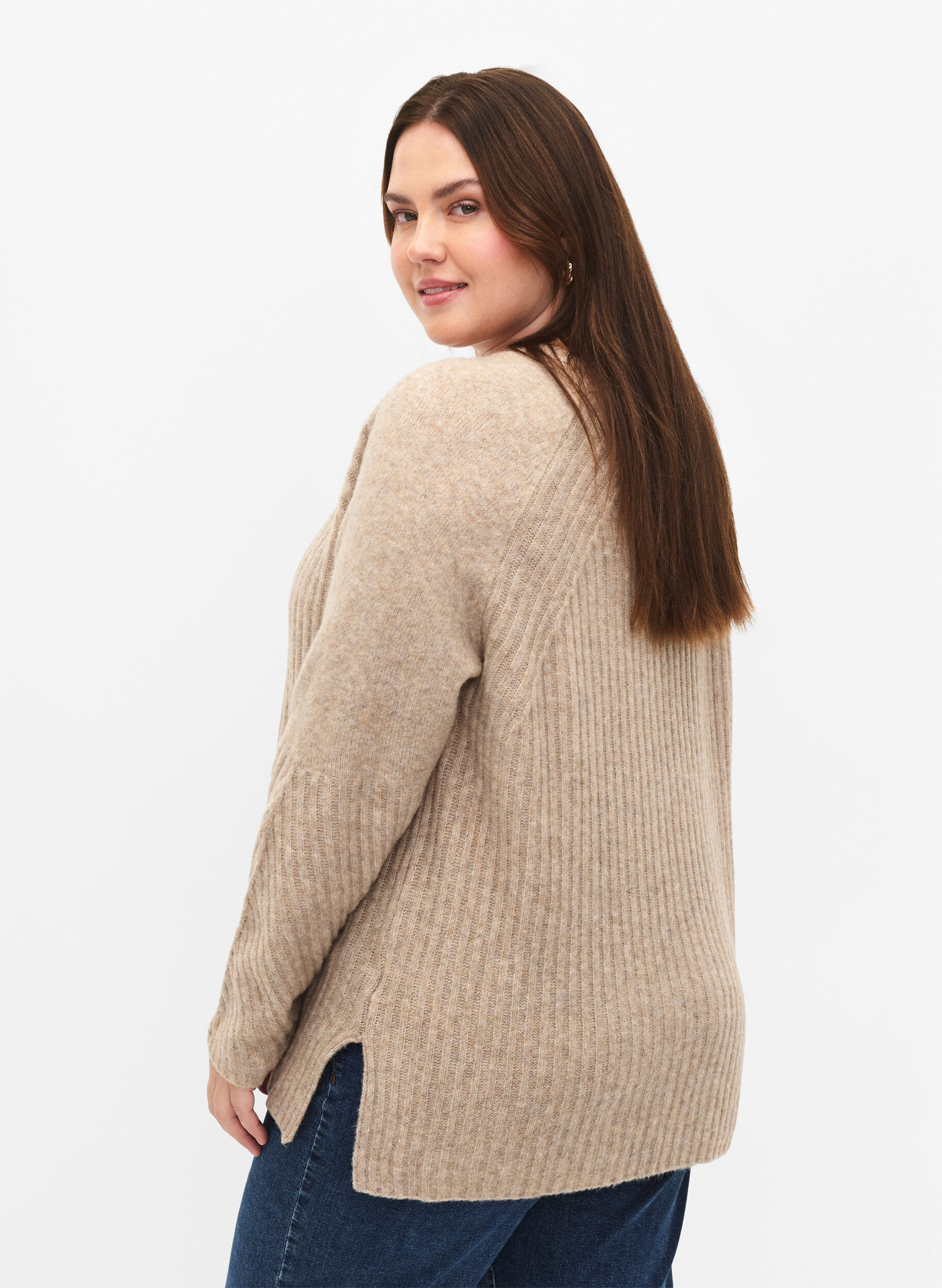 Zizzi Dzianinowy sweter z rozcieciem, Simply Taupe Mel., Model image number 1