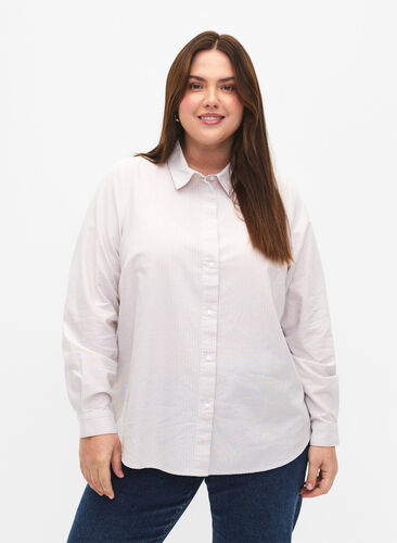 Bawelniana koszula z dlugim rekawem, White Taupe Stripe, Model image number 0