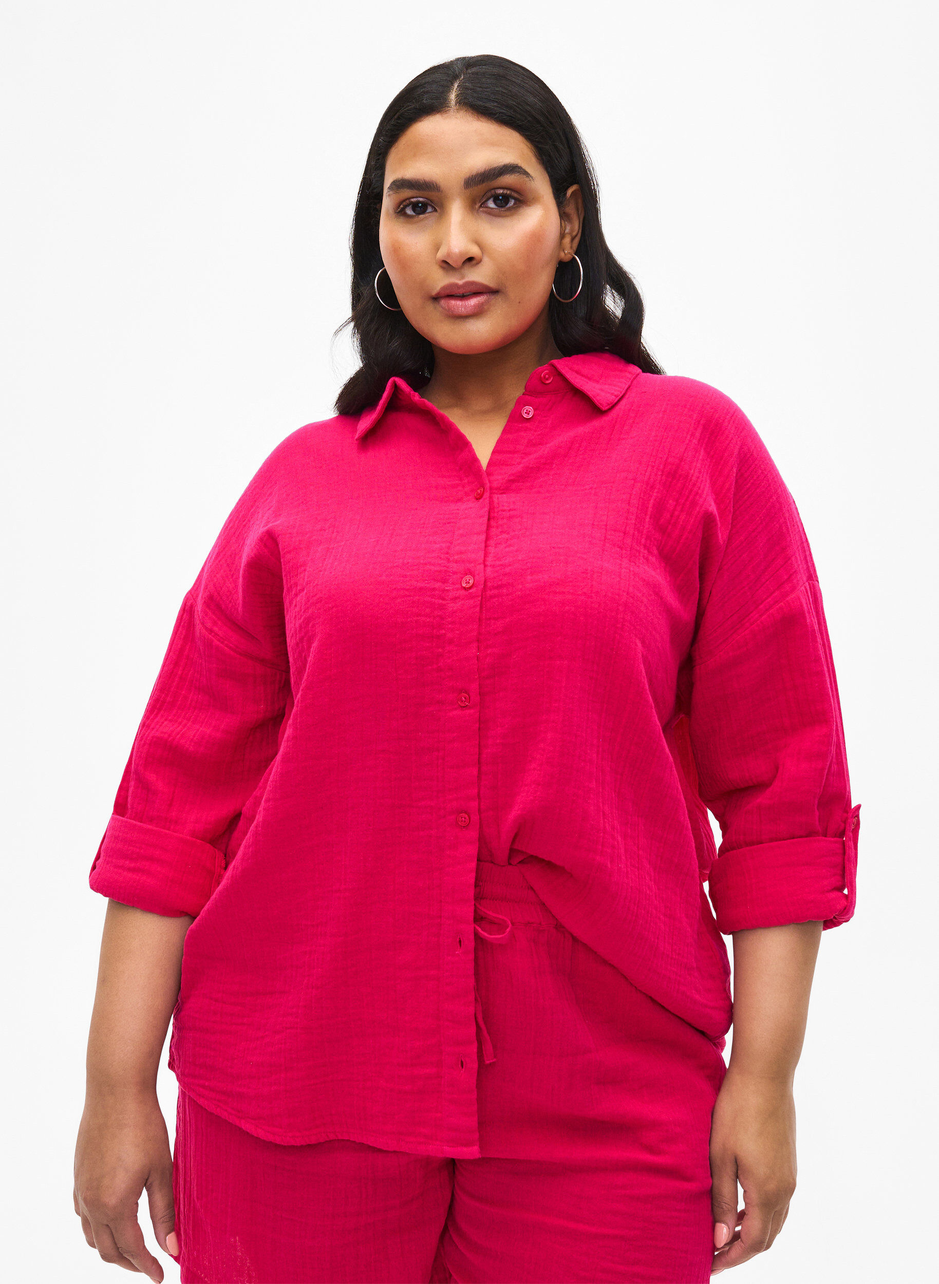 Zizzi Koszula z kolnierzem z bawelnianego muslinu, Bright Rose, Model image number 0