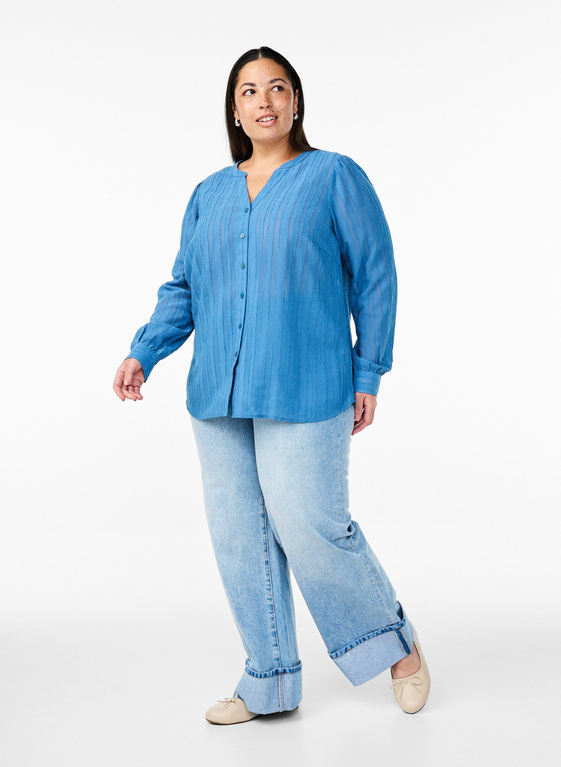 Zizzi Bluzka koszulowa w paski z przezroczystymi paskami, Niebieskie, Model image number 1