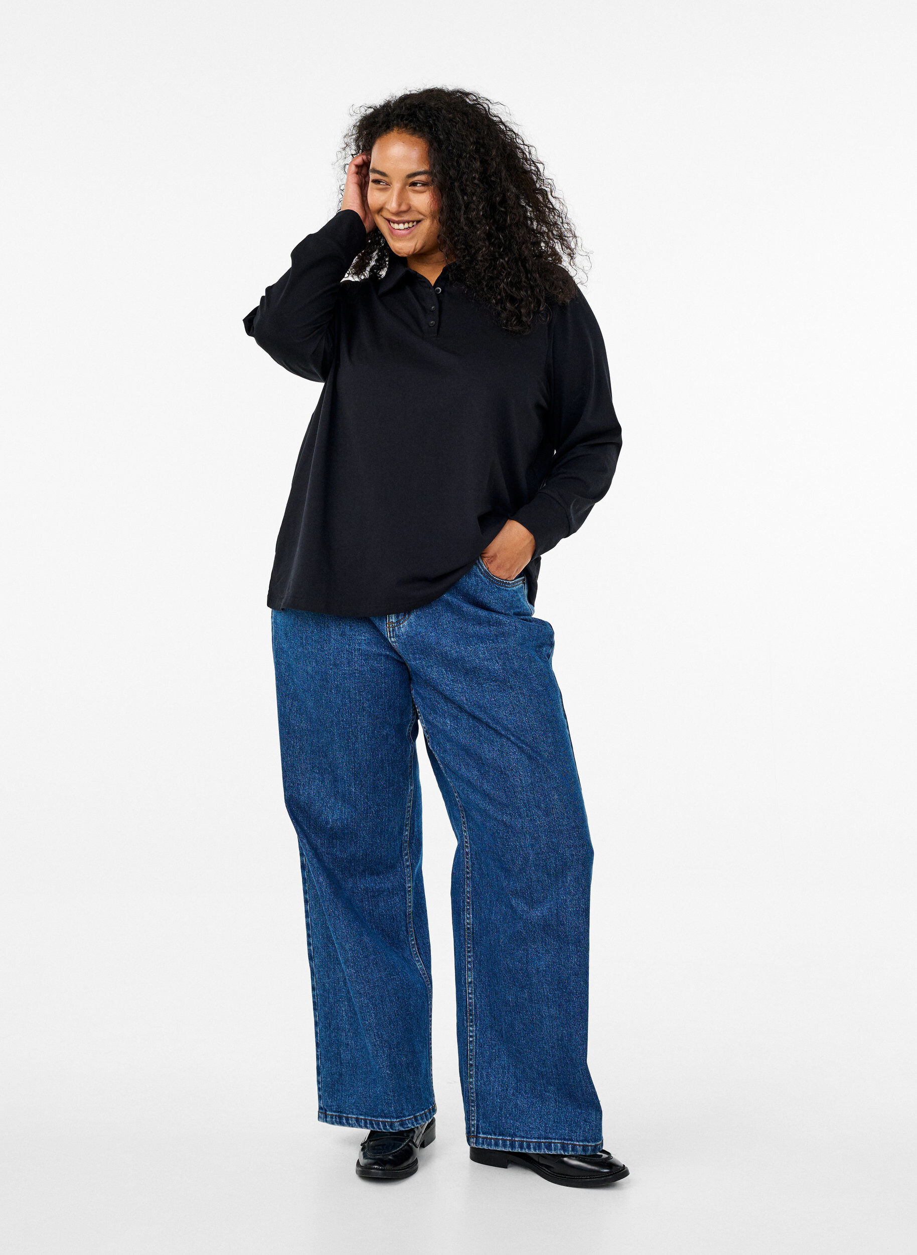 Zizzi Koszulka polo z dlugim rekawem, Czarne, Model image number 1