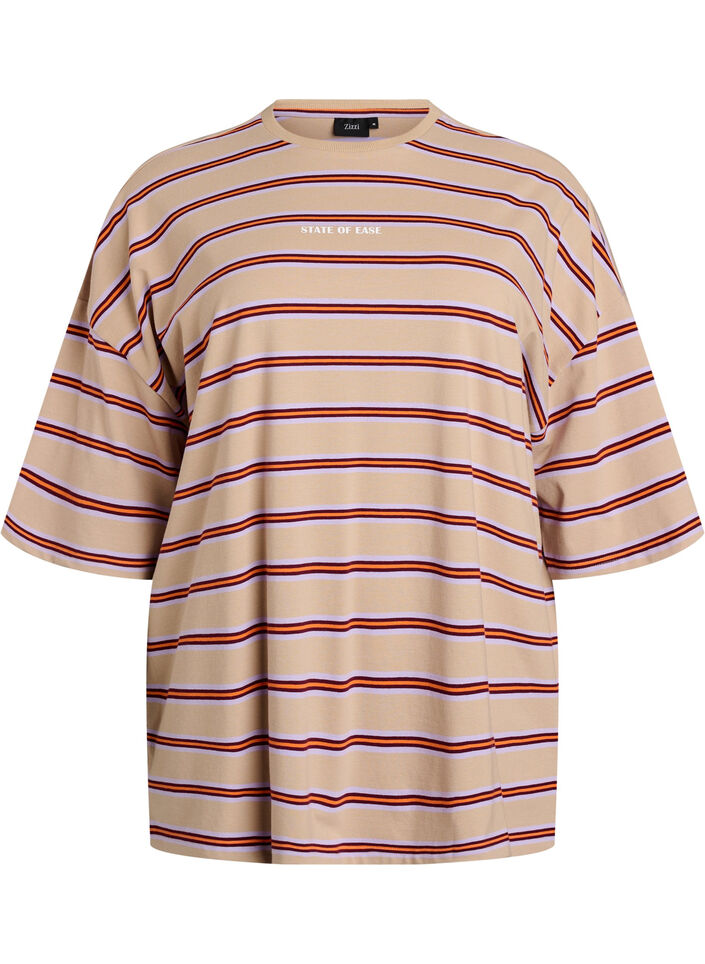 T-shirt w rozmiarze oversize z paskami i rekawami 1/2, Beżowy, Packshot image number 0