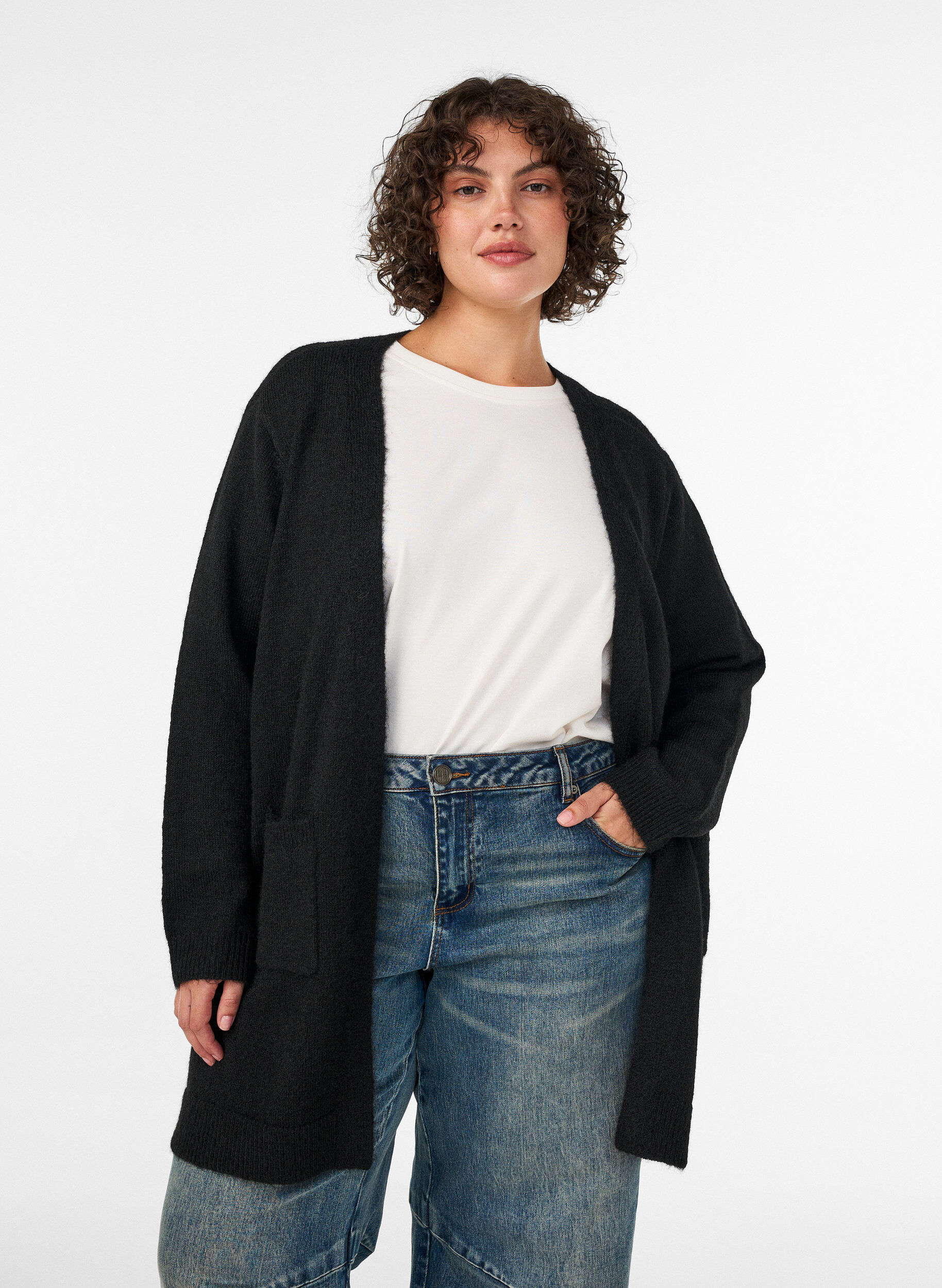 ZizziDlugi kardigan z kieszeniami, Czarne, Model image number 0
