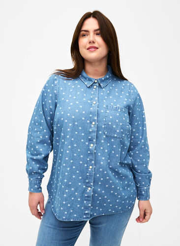 Jeansowa koszula w kwiaty z kieszenia na piersi, Light Blue w.Flowers, Model image number 0