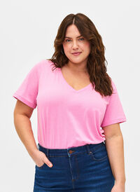 Flash - koszulka z dekoltem w szpic, Begonia Pink, Model