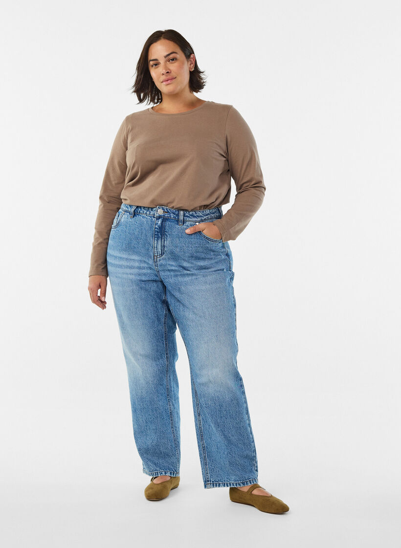 Podstawowa bluzka z dzerseju z dlugim rekawem, Brązowy, Model image number 1