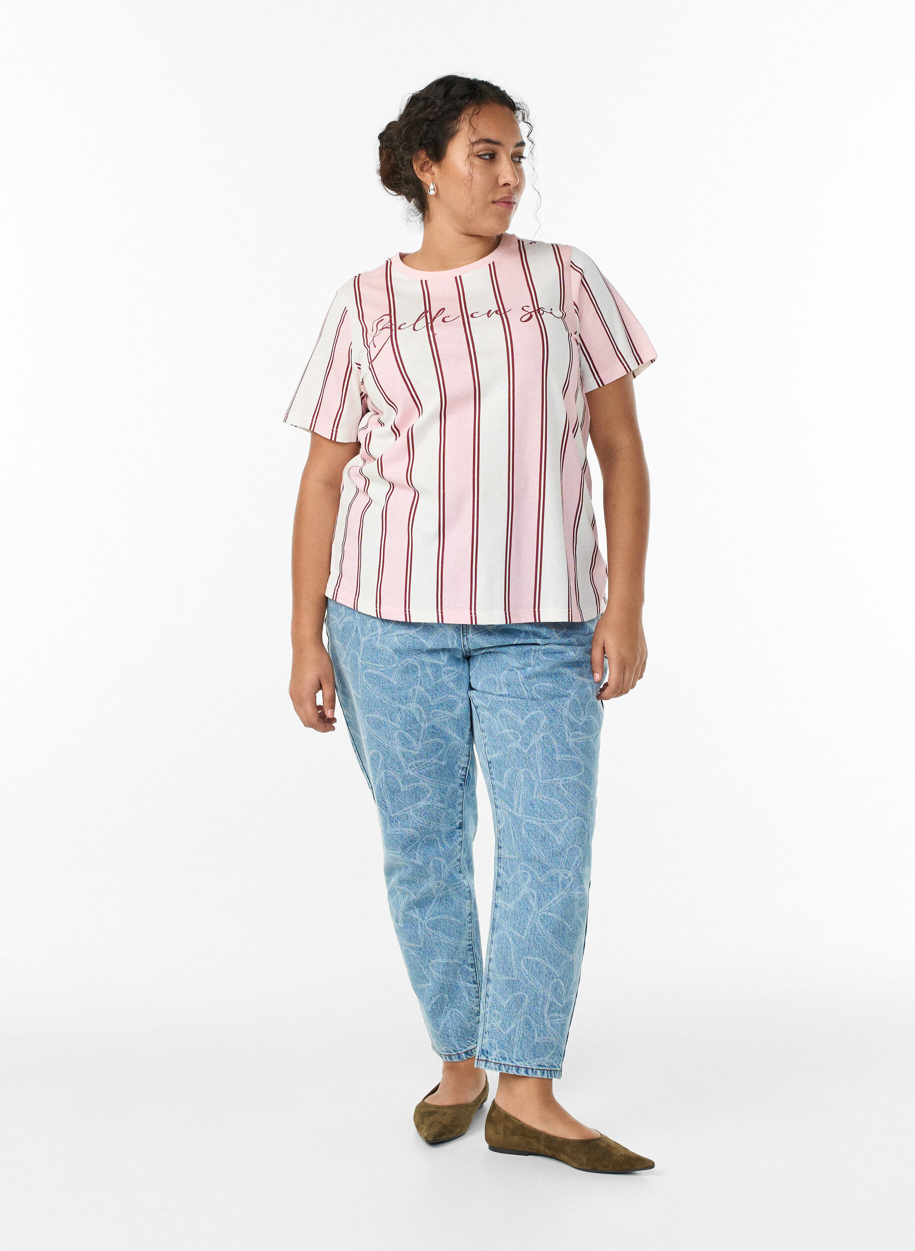 Zizzi Koszulka z paskami i nadrukiem tekstowym, R&oacute;żowy, Model image number 1