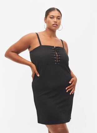 Dopasowana sukienka ze sznurowaniem, Black, Model image number 0
