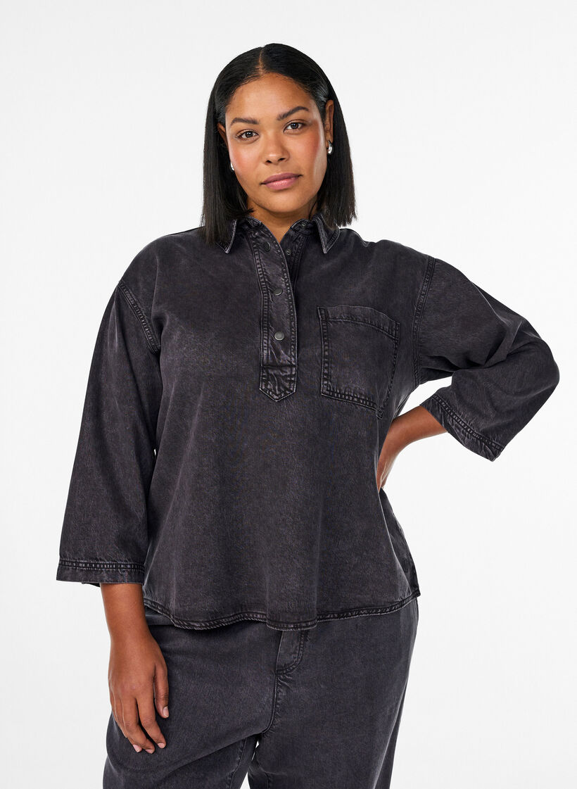 Luzna koszula z denimu z 3/4-sleeves, Szary, Model image number 0