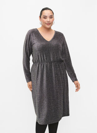 Brokatowa sukienka z dekoltem w szpic, Black Silver, Model image number 0