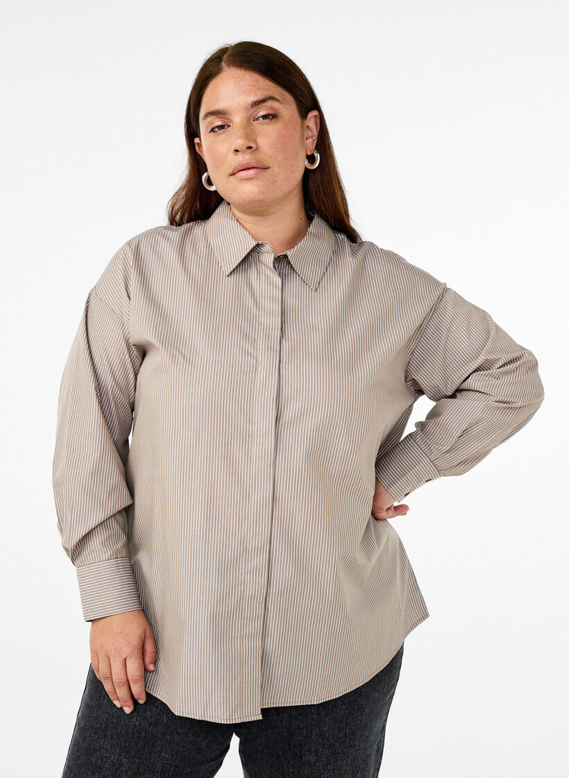 Luzna koszulka w paski z dlugim rekawem, Brązowy, Model image number 0