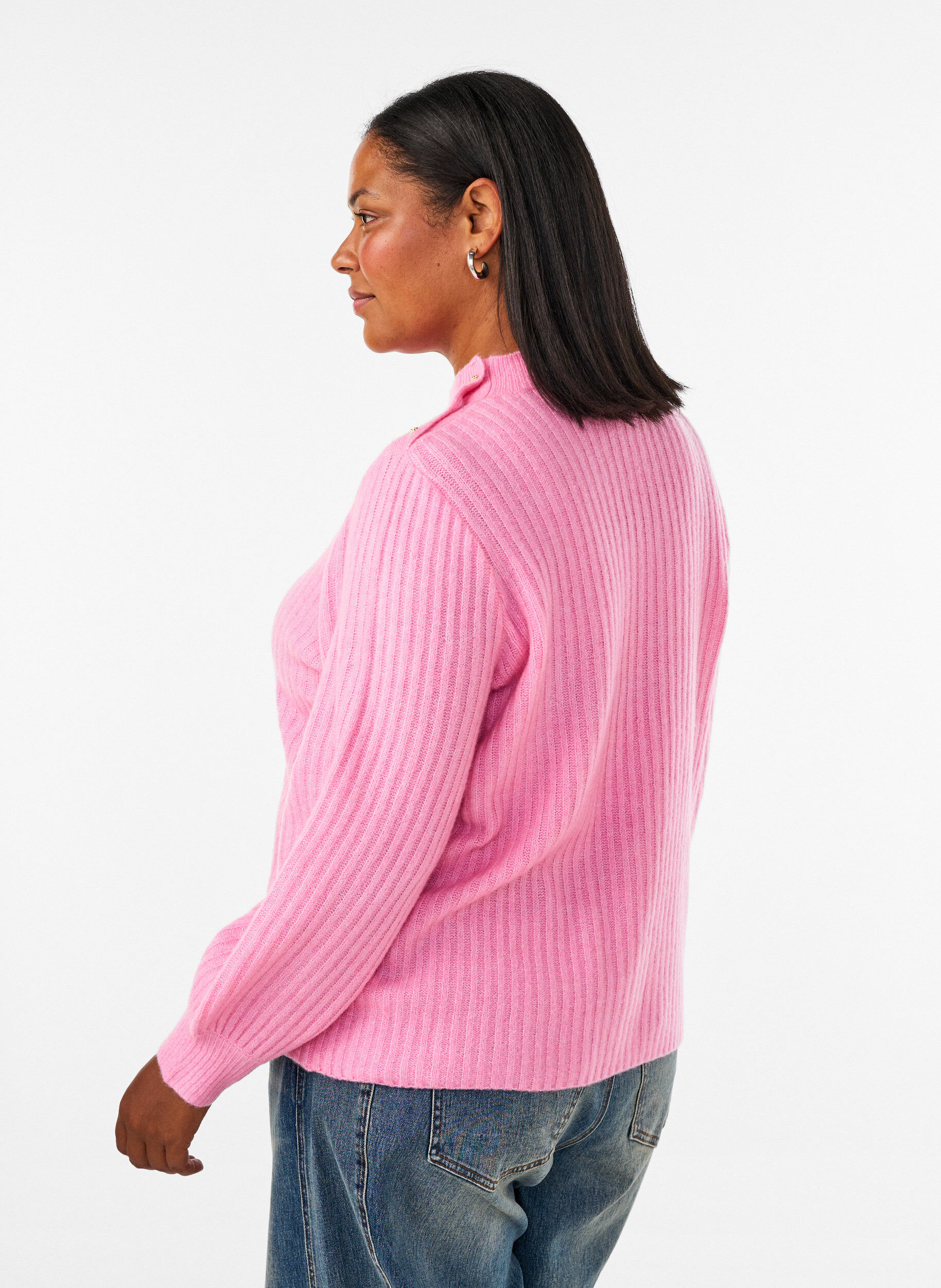 ZizziPrazkowany sweter z bufiastymi rekawami i guzikami, R&oacute;żowy, Model image number 2