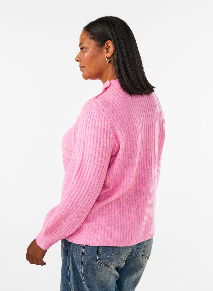 Prazkowany sweter z bufiastymi rekawami i guzikami, R&oacute;żowy, Model image number 2