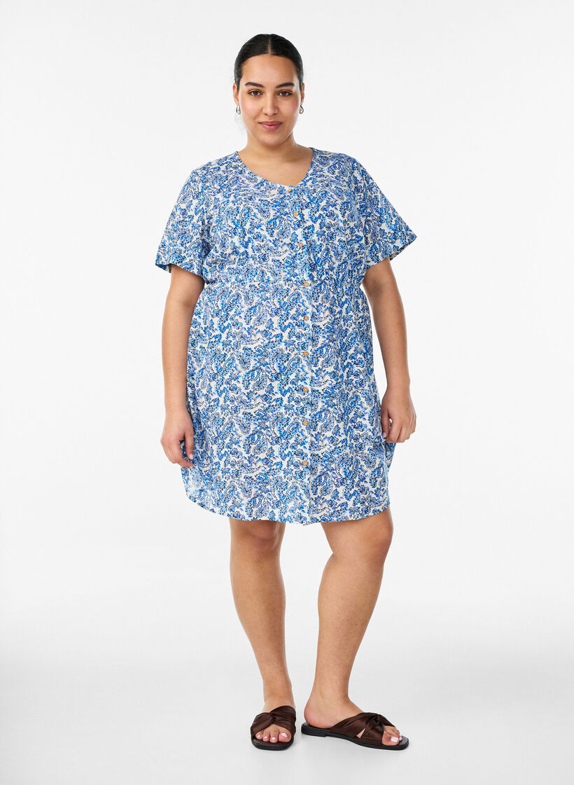Kr&oacute;tka bawelniana sukienka z kwiatowym nadrukiem, Niebieskie, Model image number 1