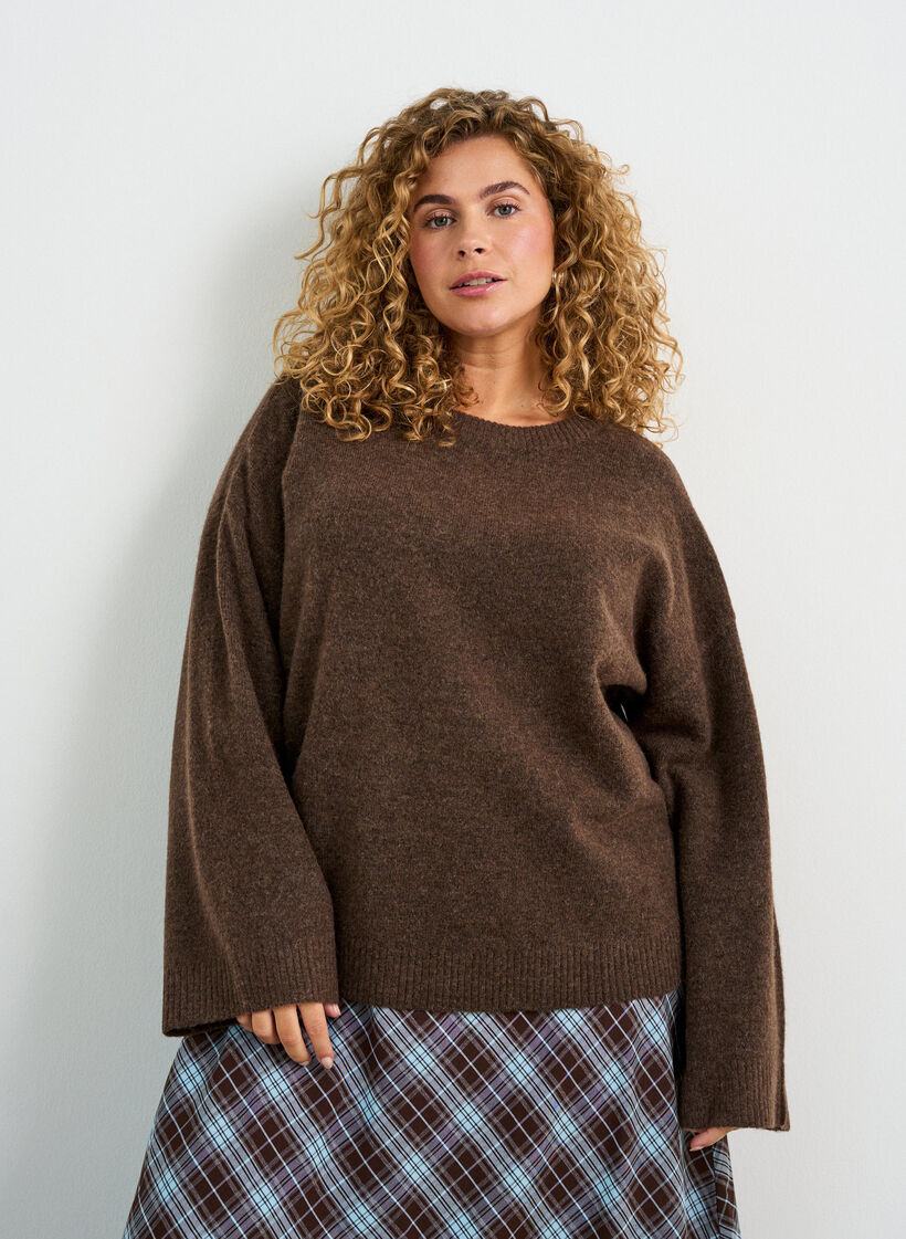 Luzna dzianinowa bluzka z alpaka i welna, Brązowy, Model image number 0