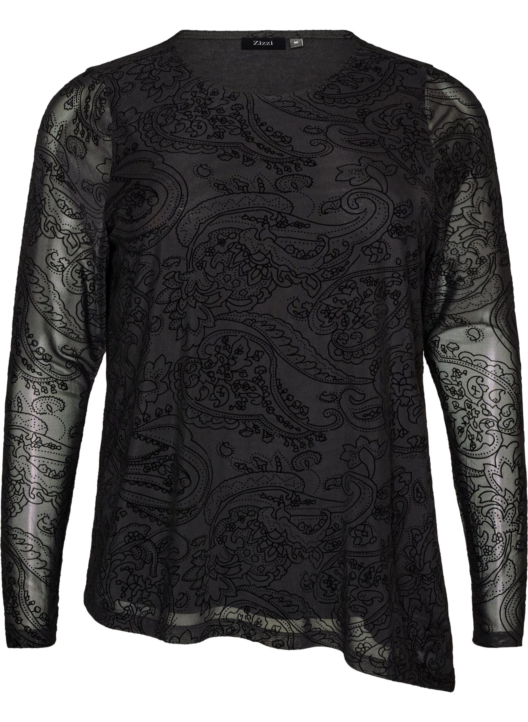 ZizziBluzka z siateczki we wz&oacute;r paisley z asymetrycznym dolem, Czarne, Packshot image number 0