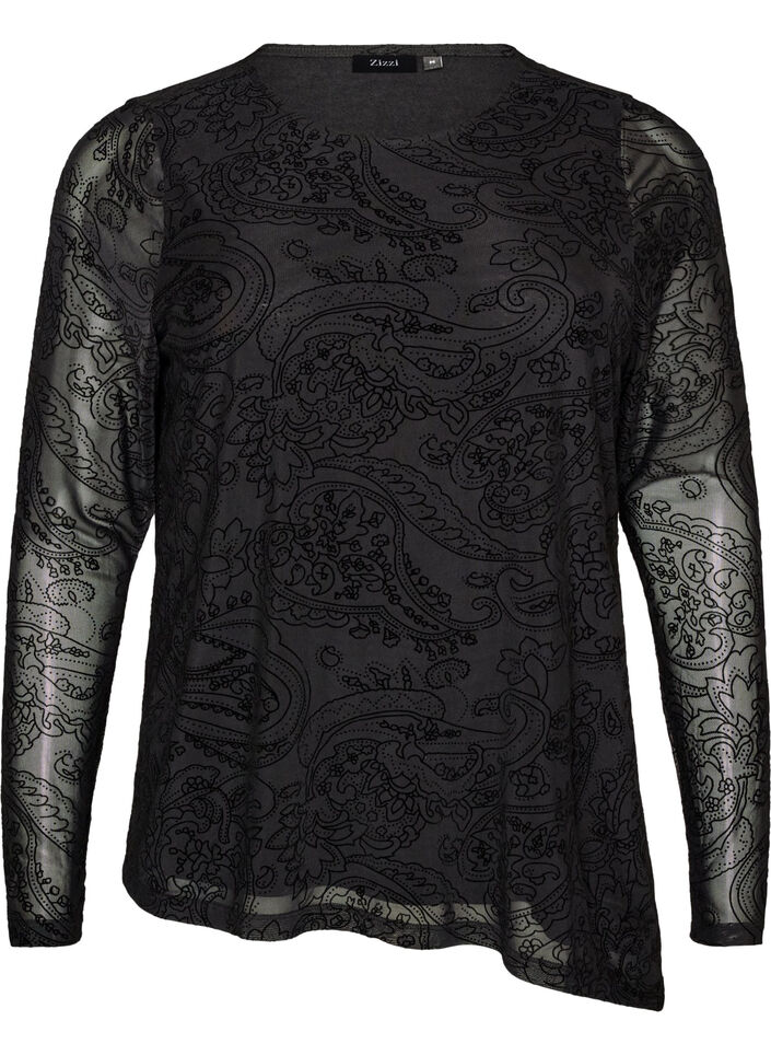 Bluzka z siateczki we wz&oacute;r paisley z asymetrycznym dolem, Czarne, Packshot image number 0
