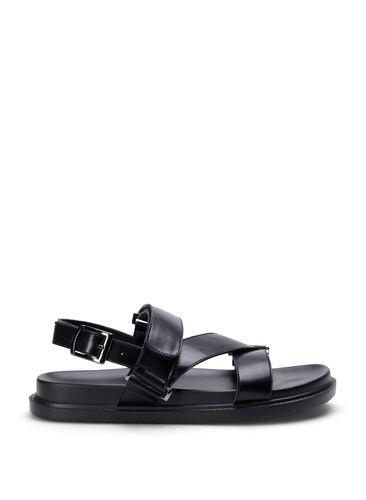 Szerokie skórzane sandaly z regulowanymi paskami, Black, Packshot image number 0