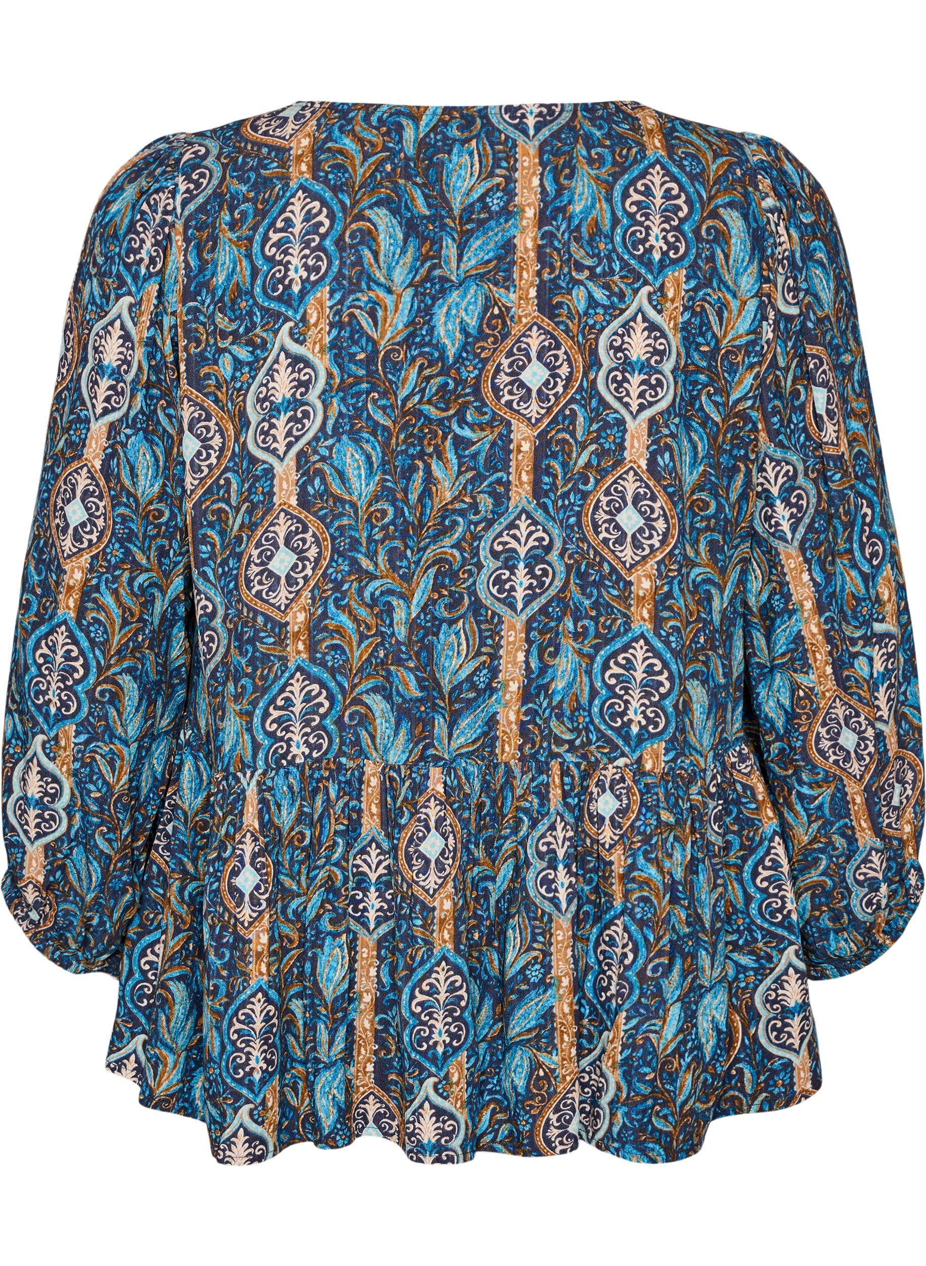 ZizziBluzka z nadrukiem w stylu paisley i koronkowym detalem, Niebieskie, Packshot image number 1