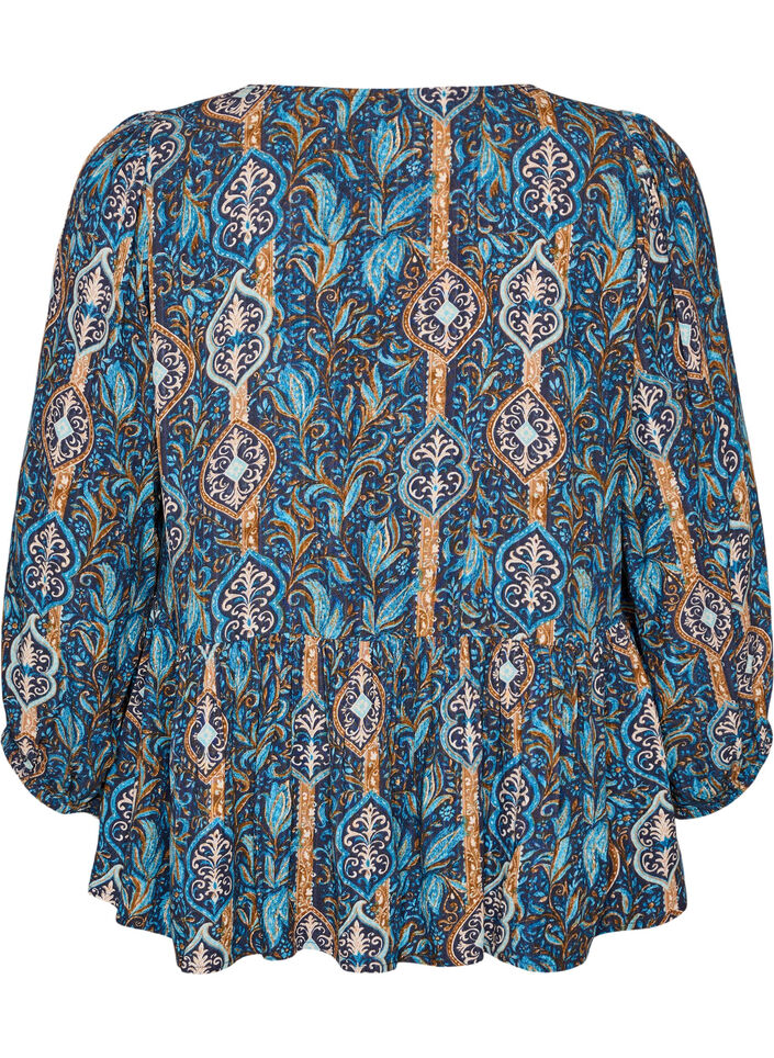 Bluzka z nadrukiem w stylu paisley i koronkowym detalem, Niebieskie, Packshot image number 1