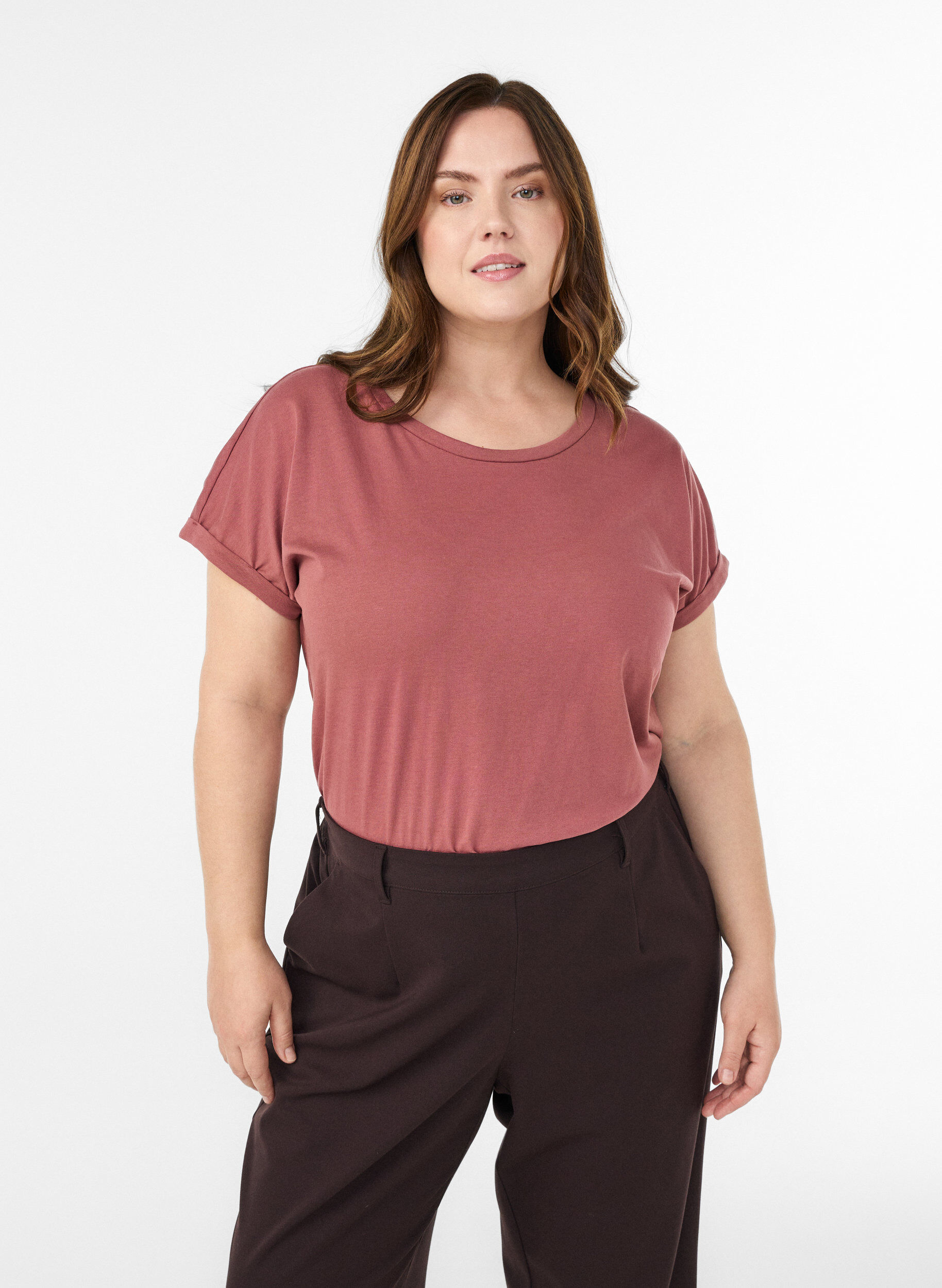 T-shirt z kr&oacute;tkim rekawem w mieszance bawelny, R&oacute;żowy, Model