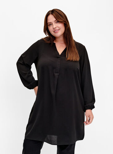 Sukienka z dlugim rekawem i dekoltem w szpic, Black, Model image number 0