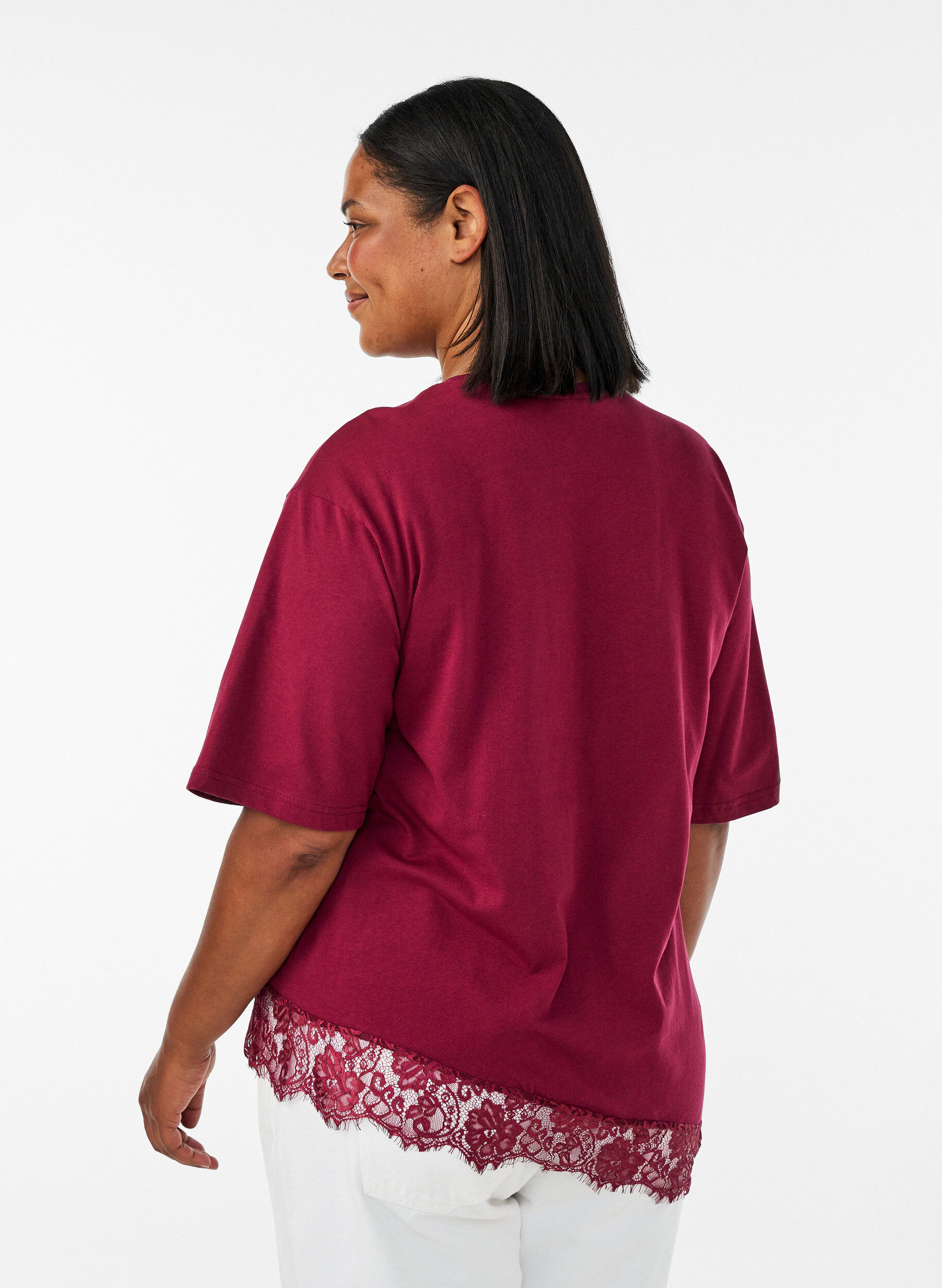 ZizziT-shirt z asymetrycznym koronkowym wykonczeniem, Czerwony, Model image number 2
