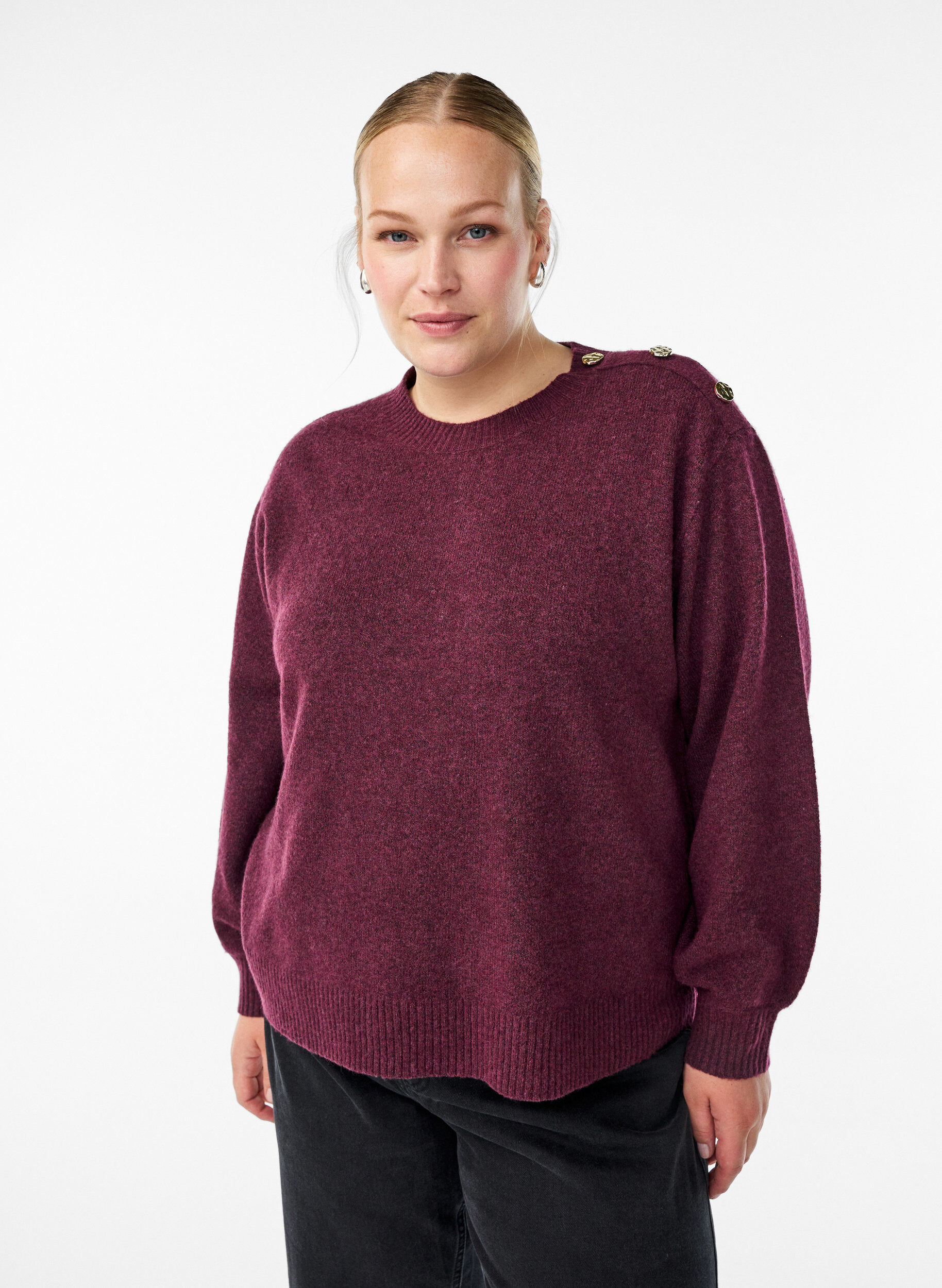 ZizziBluzka dzianinowa z ozdobnym guzikiem, Ciemnobordowy, Model image number 0