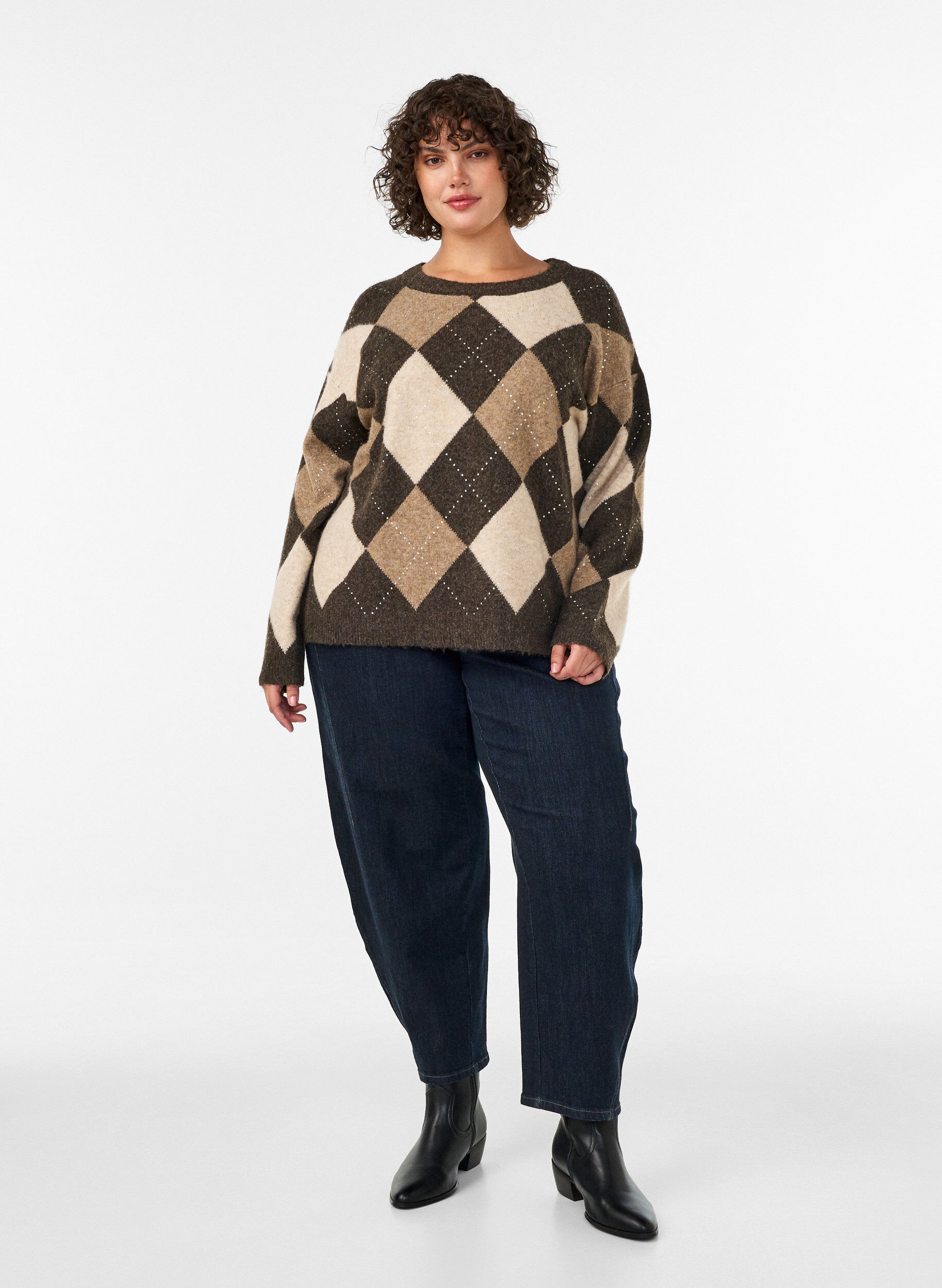ZizziSweterek dzianinowy w krate argyle i ze srebrnymi cekinami, Brązowy, Model image number 1