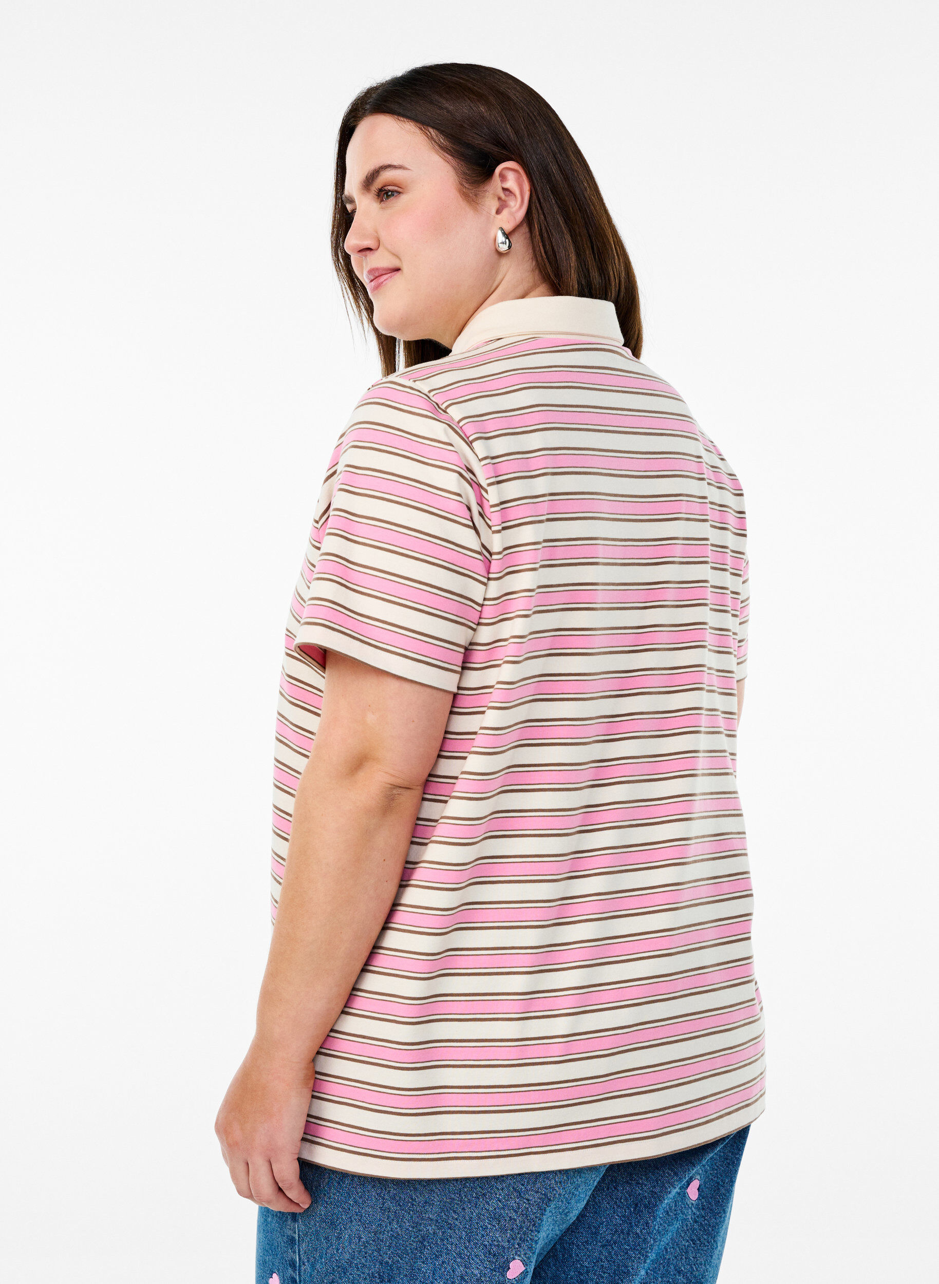 Zizzi Koszulka polo w paski z kr&oacute;tkim rekawem, R&oacute;żowy, Model image number 2