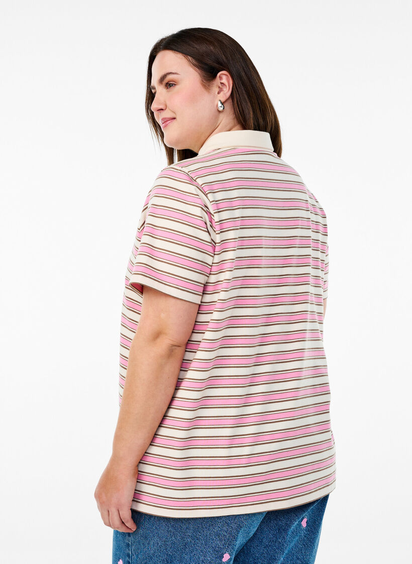Koszulka polo w paski z krótkim rekawem, Różowy, Model image number 2