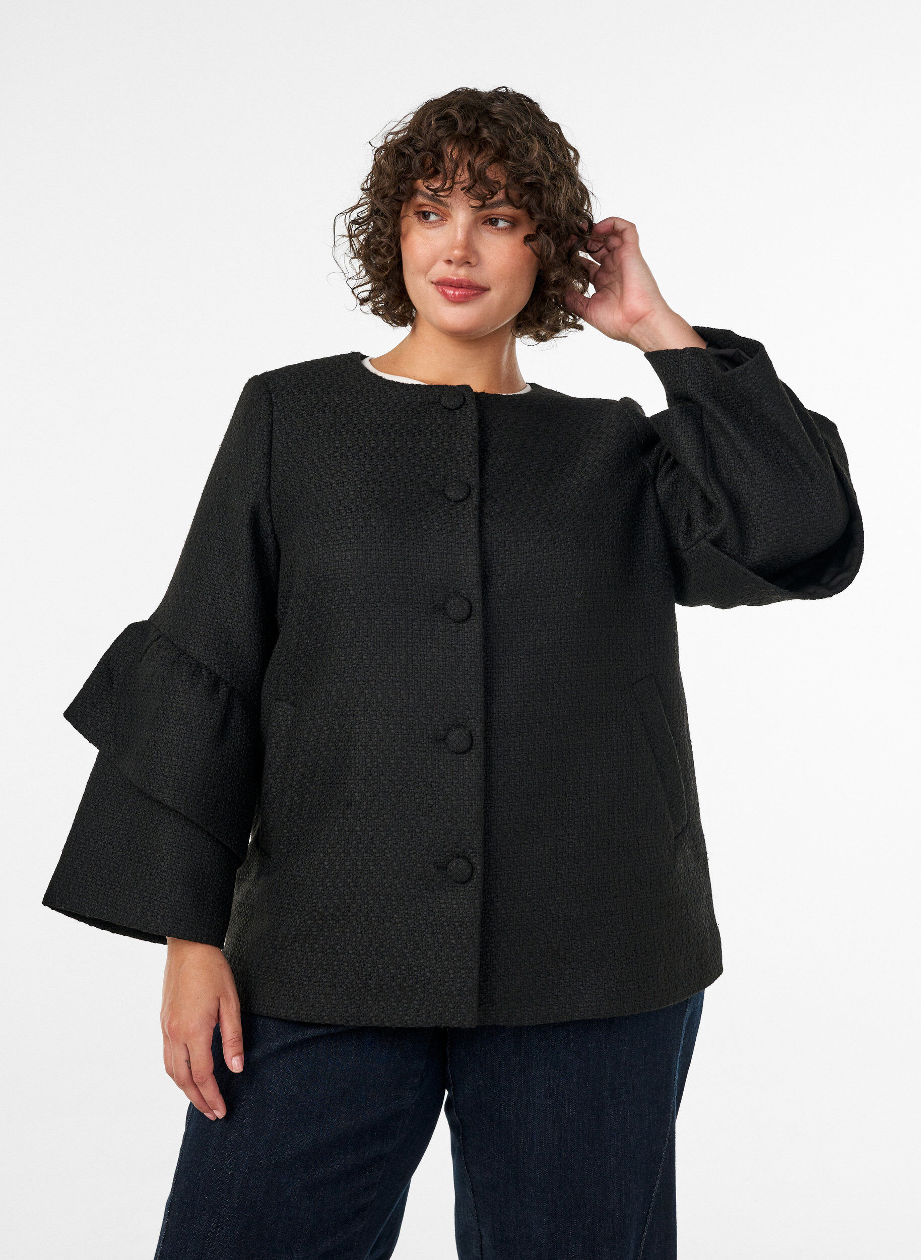 ZizziKurtka boucl&eacute; z falbankami, Czarne, Model image number 0