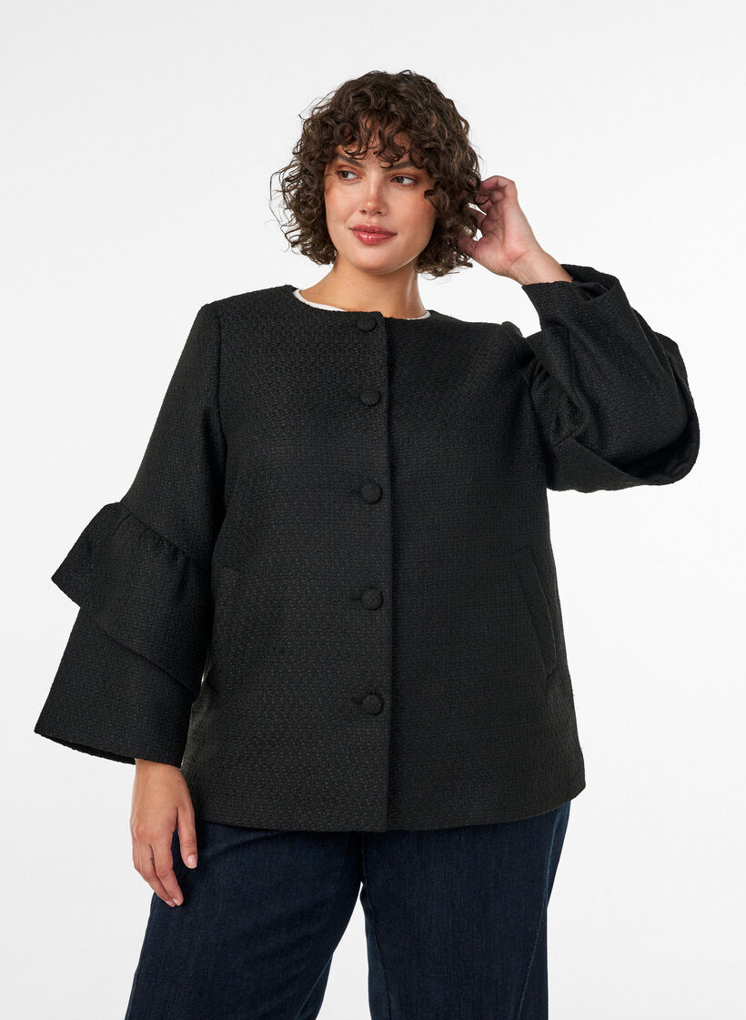 Kurtka boucl&eacute; z falbankami, Czarne, Model image number 0