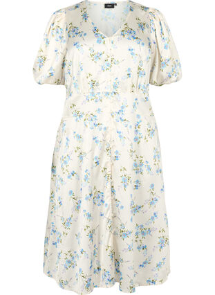 Kwiecista satynowa sukienka z bufiastymi rekawami, Off White Blue Fl., Packshot image number 0