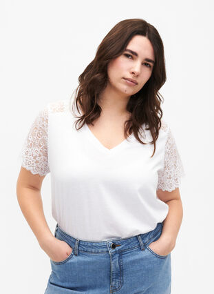 Bawelniany t-shirt z krótkimi, koronkowymi rekawami, Bright White, Model image number 0