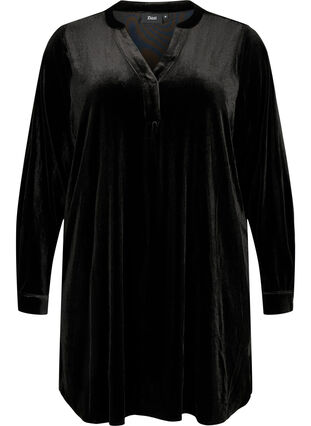  Welurowa sukienka z dlugim rekawem i dekoltem w szpic, Black, Packshot image number 0